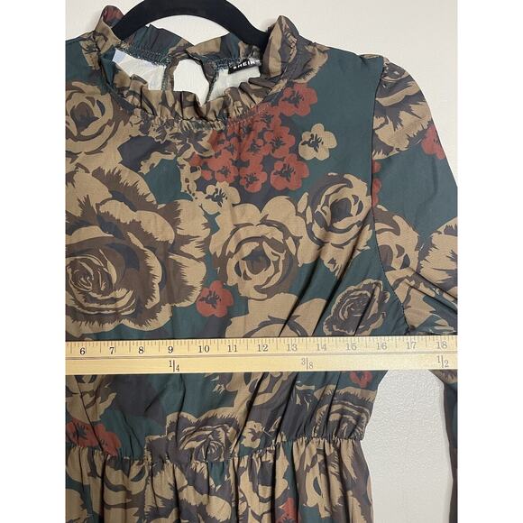 Floral Dress Mock Neck Lantern Sleeve Ruffle Hem Floral Dress Size Large - Picture 3 of 7